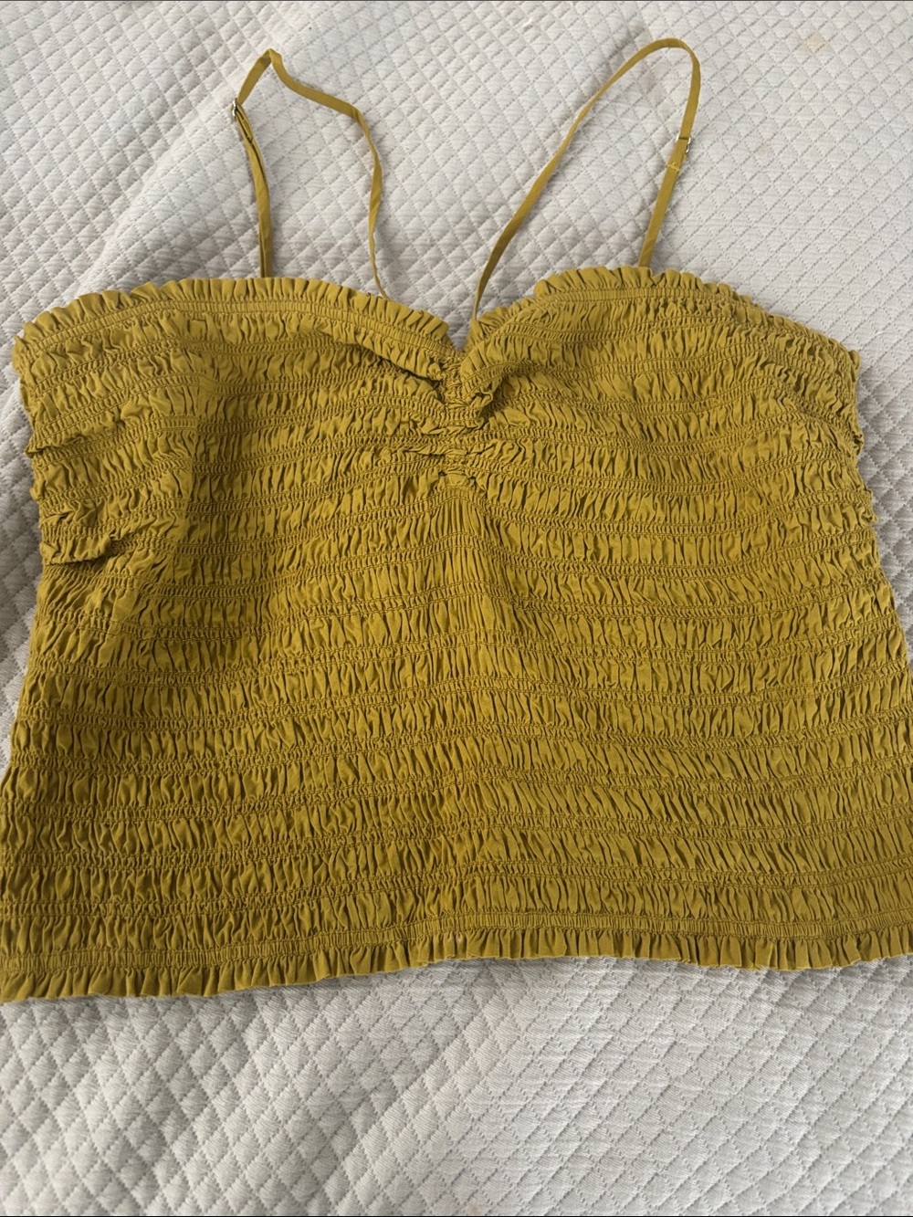 Smocked Spaghetti Strap Tank Top - Mustard/olive color